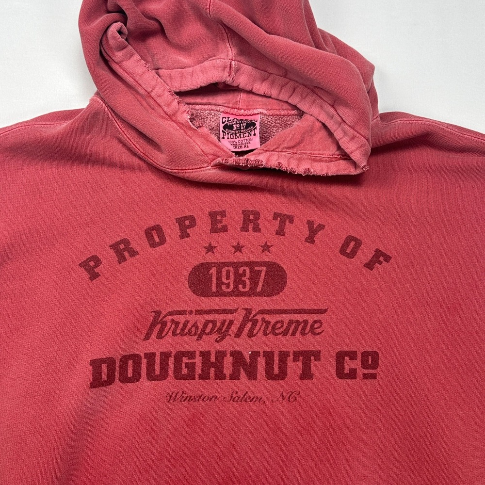 Vintage Krispy Kreme Doughnut Co Distressed Hoodie Red Pigmented XL 1937 NC RARE